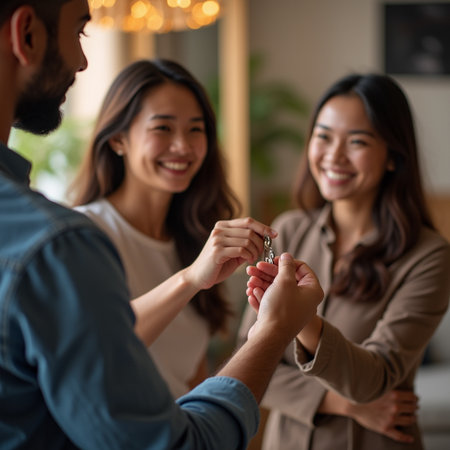 Happy asian couple and real estate agent holding keys to new houseの素材