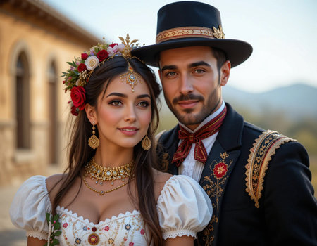 Portrait of a young couple in traditional costume in the old townの素材