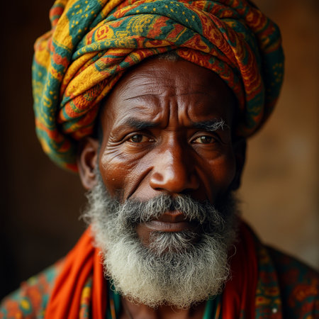 Portrait of an old Indian man with a turban on his head.の素材
