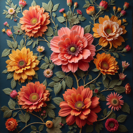 Vintage floral background with gerbera flowers on dark blue backgroundの素材