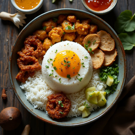 Rice with fried chicken and fried egg in a bowl over dark wooden background, top viewの素材