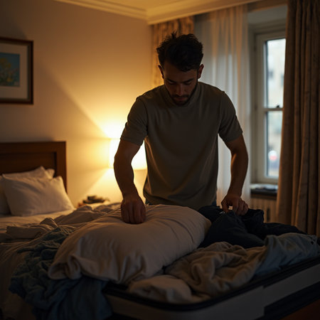 Young man packing clothes into a suitcase in the bedroom at night.の素材