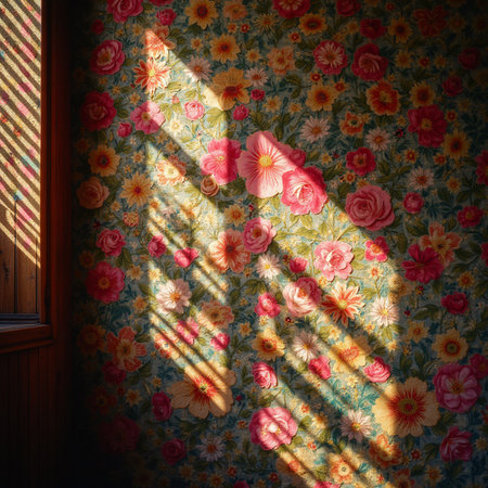 Shadow on the wall and window of a room with flowers. Vintage style.の素材