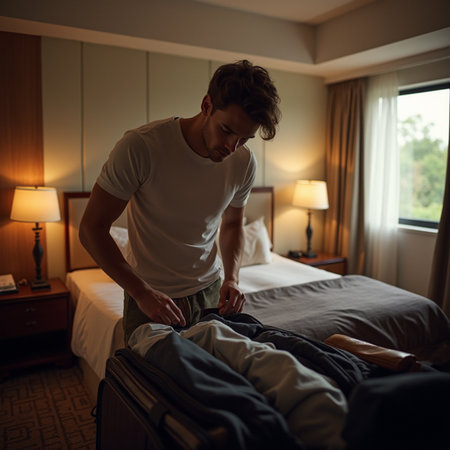 Young man packing his suitcases in hotel room before going to workの素材