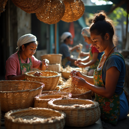 Unidentified woman making wicker baskets in Chiang Mai, Thailand.の素材