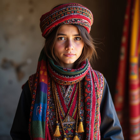 Portrait of a beautiful young woman wearing traditional clothes in the villageの素材