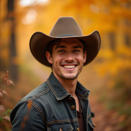 Portrait of a handsome young man in cowboy hat smiling in the autumn forest.の素材