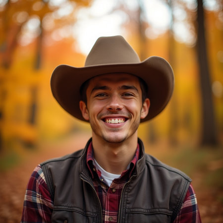 Portrait of a smiling cowboy in a cowboy hat in an autumn forestの素材