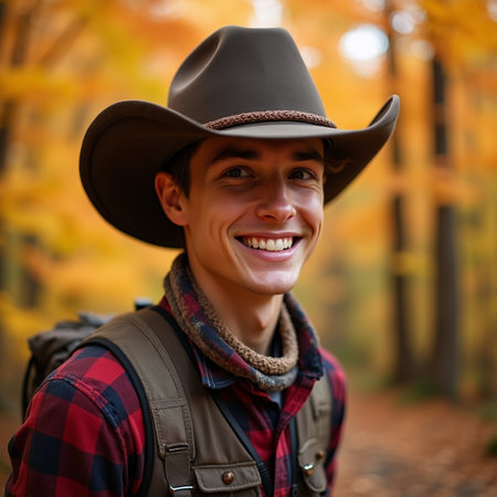 Portrait of a handsome young man in a cowboy hat in the autumn forestの素材