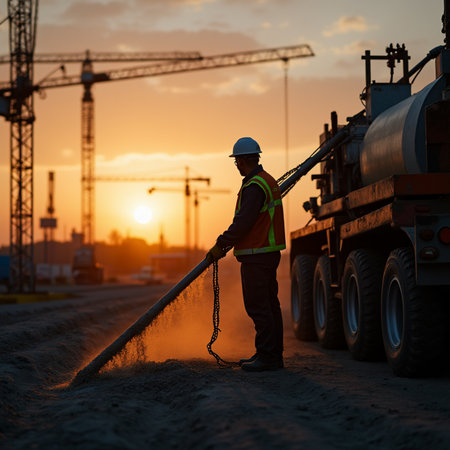 Silhouette of a worker on the construction site at sunset.の素材