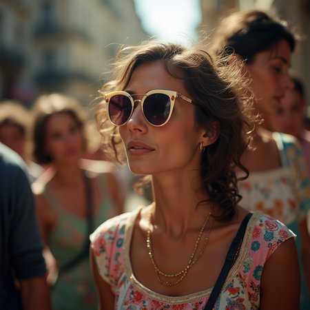 Beautiful young woman wearing sunglasses on the street. Summer fashion.の素材