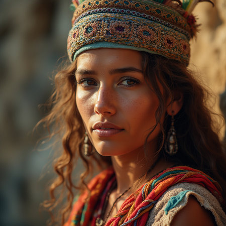 Portrait of a beautiful young hippie woman in a colorful headdressの素材