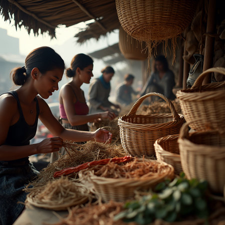 Asian women selling dried fruits and vegetables at the local market in India.の素材