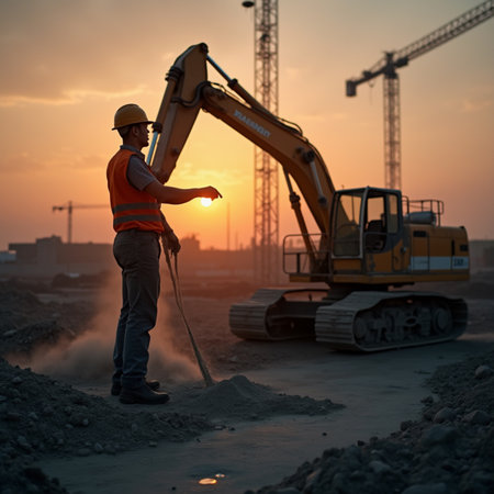 Construction worker working with excavator at construction site at sunset background.の素材
