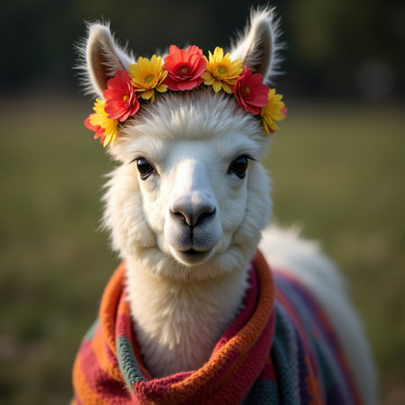 Portrait of alpaca with flower wreath on head.の素材