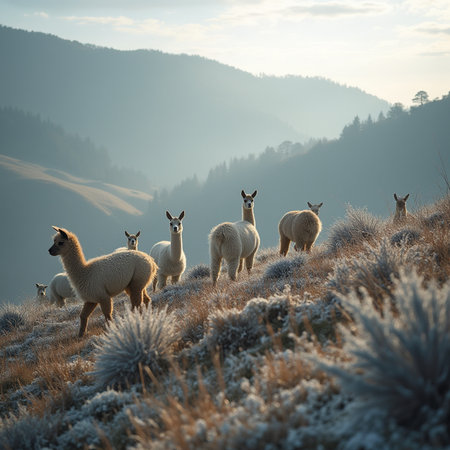 Alpaca grazing on a meadow in the Carpathian mountainsの素材