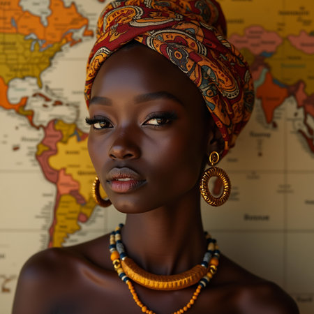 Close-up portrait of a beautiful African woman in a turban on the background of the world mapの素材