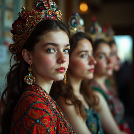 Group of young beautiful women in traditional Russian dresses in the church.の素材