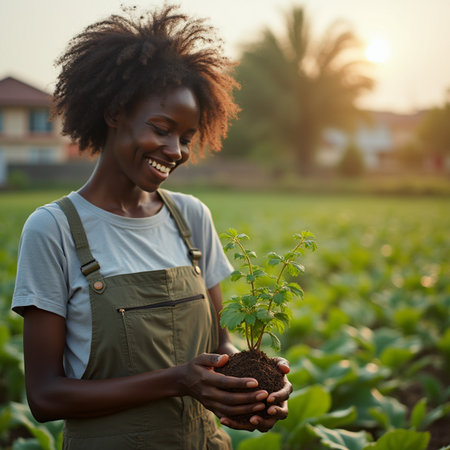 Young african american woman farmer holding seedling in her handsの素材