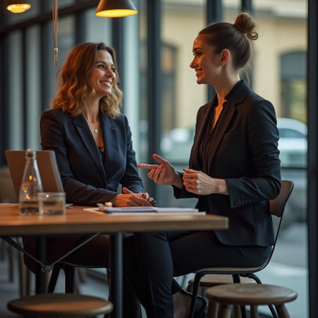Two young businesswomen working together in a cafe. Two businesswomen sitting at a table and talking.の素材