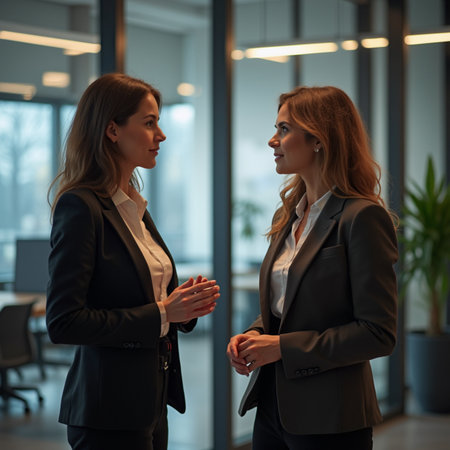 Two businesswomen in suits standing in the office and talking. Business people concept.の素材