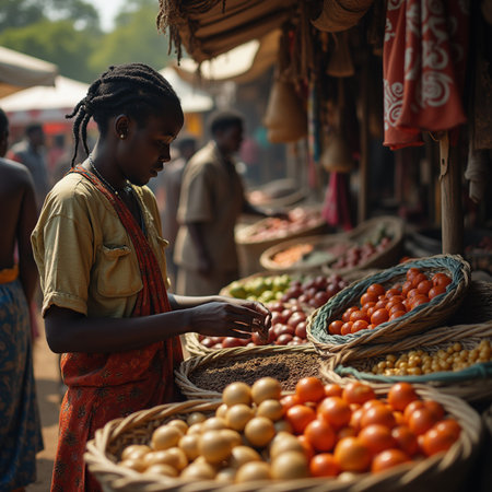Indian woman selling fruits and vegetables at the local market in Goa, India.の素材