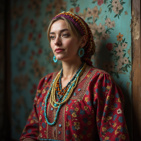 Portrait of a beautiful woman in ethnic clothes, hippie styleの素材