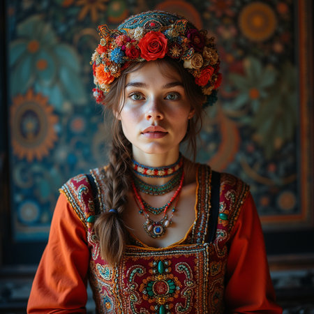 Portrait of a beautiful girl with braids in a national costumeの素材