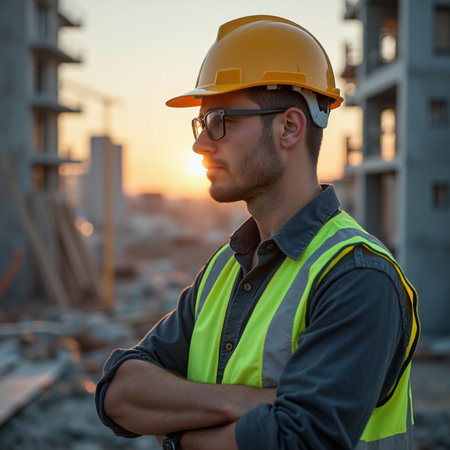 Portrait of a construction worker on the background of a building under constructionの素材