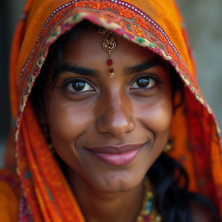Close up portrait of a smiling Indian woman in traditional sariの素材