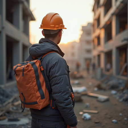 Worker in a hardhat with a backpack stands on the background of the building.の素材