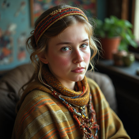 Portrait of a beautiful little girl with long hair in a headscarfの素材