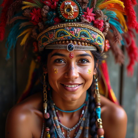 Portrait of an Indian woman wearing a headdress and smiling.の素材