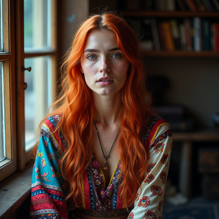 Portrait of beautiful red-haired girl with freckles on her faceの素材
