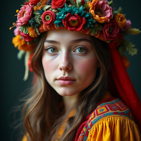 Portrait of a beautiful young girl in a wreath of flowersの素材