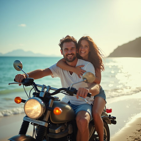 happy young romantic couple in love riding motorbike on beautiful beach at sunsetの素材
