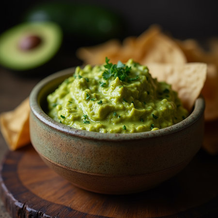 Homemade guacamole with tortilla chips on wooden backgroundの素材