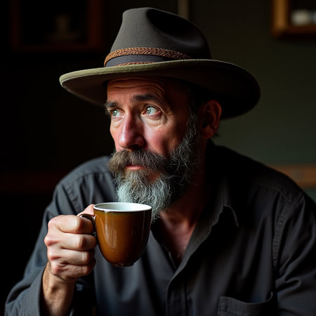 portrait of a senior man with a long beard and mustache in a black shirt and hat holding a cup of coffeeの素材