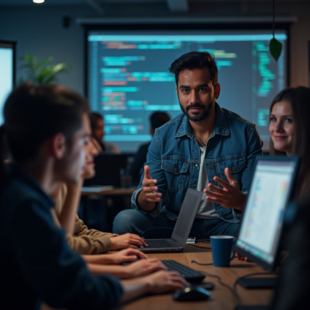 Group of young software developers working on a project together in a modern officeの素材