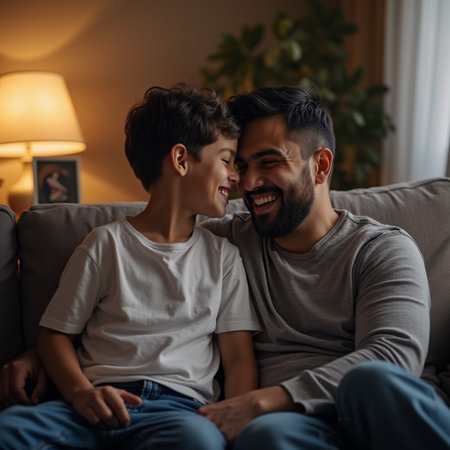 Happy father and son hugging and laughing while sitting on sofa at homeの素材