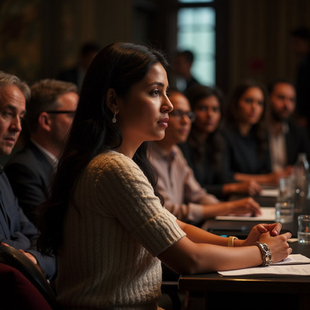 Young businesswoman sitting at a table in front of a group of peopleの素材