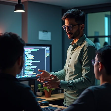 Programmers working on computers at night in a software developing company.の素材