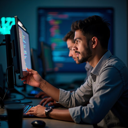 Portrait of two young software developers working on desktop computer at nightの素材