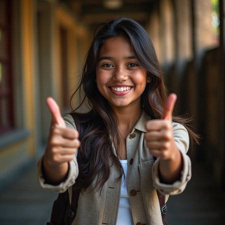 Portrait of smiling young woman showing thumbs up in the corridor of a Buddhist templeの素材