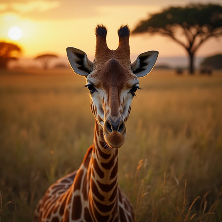 Portrait of a giraffe at sunset in Serengeti National Park, Tanzaniaの素材