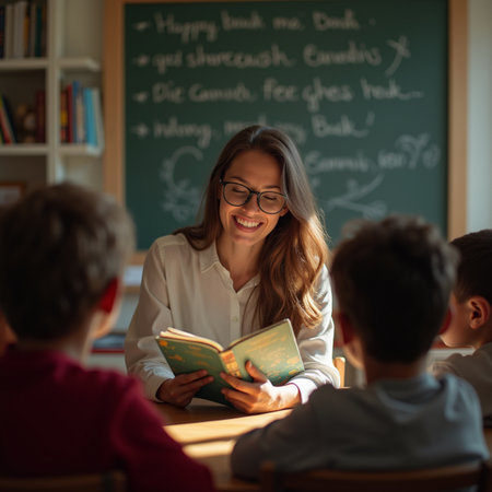 Teacher reading book to kids in classroom at school. Education conceptの素材