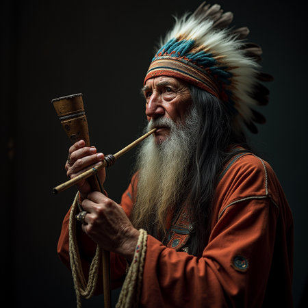 Portrait of an old man with long beard and mustache wearing Indian costume playing a wooden musical instrumentの素材