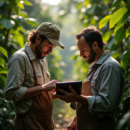 Two bearded men looking at a digital tablet in a coffee plantation.の素材