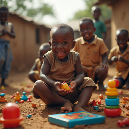 african little boy playing with toys in the street of a villageの素材
