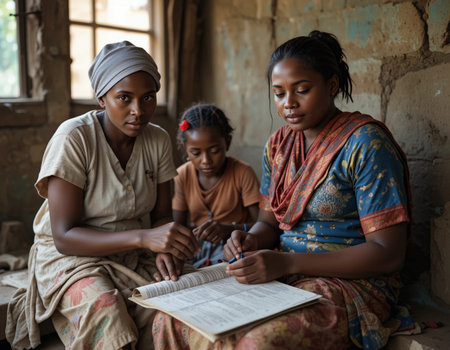 Portrait of a mother and daughter reading a book while sitting at homeの素材